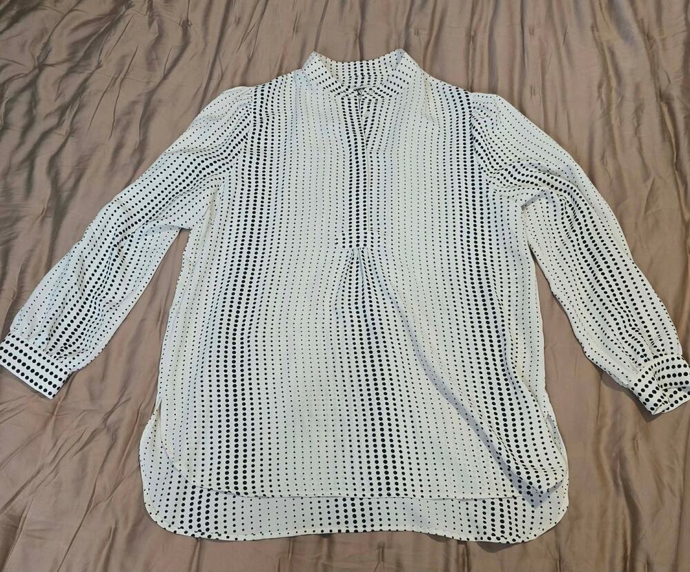 Anne Klein Womens Blouse Petite Large Beige Black Polka Dot